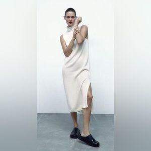 Zara Womens Soft Knit White Mock Neck Midi Sweater Dress Size L Side Slit NEW